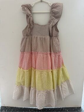 Peek Girls Tiered Ruffle Dress in Taupe, Pink & Yellow